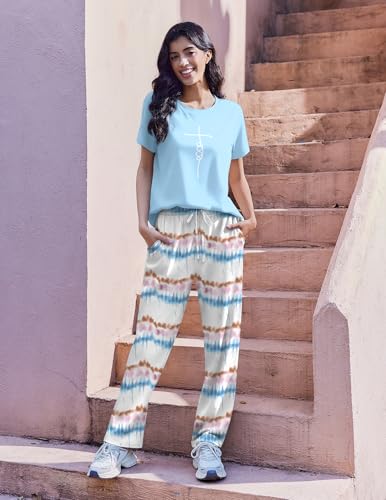 Image of Ekouaer 2 Pack Pajamas for Women Set Short Sleeve Pj Top and Printed Pants | Soft PJs Cozy Printed Lounge Sets Comfy Sleepwear with Pockets