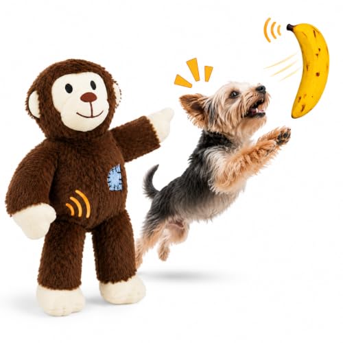 Lwind 2 Pack Dog Squeak Toys Plush Monkey & Silicone Banana Chew Toy Set for Small & Medium Dogs Interactive Durable Squeaky Dog Toys to Keep Them Busy