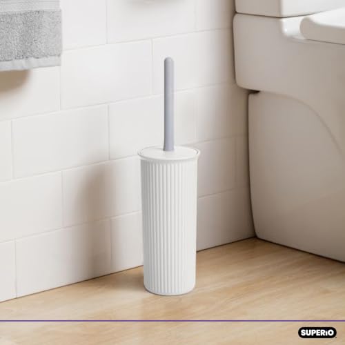 Image of Superio Ribbed Collection Toilet Bowl Brush and Holder Set, Decorative Plastic Bathroom Toilet Brush with Holder, Toilet Cleaner Scrubber, White - 1 Pack