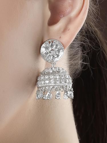 Image of Karatcart Women Silver Plated Blue American Diamond Studded Jhumki Earrings