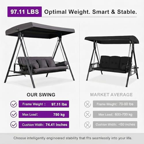 Image of PURPLE LEAF Outdoor Patio Porch Swing Adjustable Backrest with Canopy 3-Seat Convertible Swing Bed Chair with Stand Heavy Duty for Adults, Backyard Porch Lawn, Cushion and Pillows Included Grey