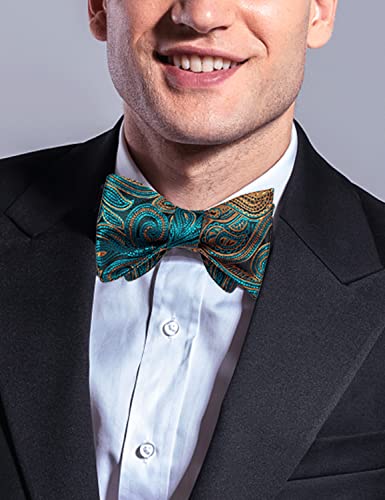 Image of DiBanGu Men Bow Tie Paisley Striped Self-Bow Tie for Men and Silk Woven Bowtie Pocket Square Cufflinks Wedding Party
