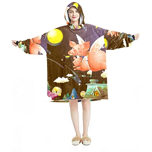 Sweat à capuche surdimensionné flanelle anti-froid cochon volant pour adulte