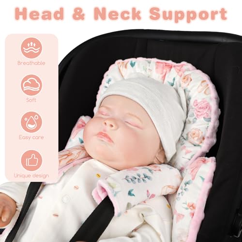 Image of 3-in-1 Infant Car Seat Insert, Soft Head and Body Support,Ultra & Strap Covers Set, Reversible Newborn Car Seat Cushion Pad for Baby Boy & Girl fits Stroller, Swing, Bouncer (Pink Bow)