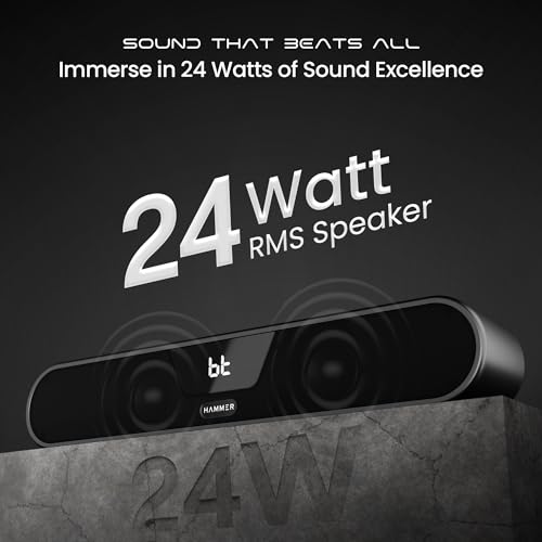 Image of HAMMER Beatbox Bluetooth Soundbar 24W Output, RGB Lights, AUX, USB, TF Card & TWS Connectivity, Upto 8Hr Playtime, 52mm Drivers, Easy to Carry, BT Speaker for TV, Mobile, PC, Laptops, Tablets (Black)