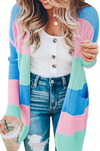 Image of ECOWISH Women Cardigan Sweaters Long Kimono Striped Long Sleeve Open Front Color Block Cozy Knitted Coat Outwear Winter Fall