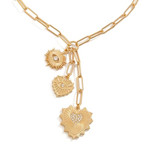 HETICA Chunky Gold Necklace for Women - Evil Eye Heart Charm Necklace Zirconia Charm Necklace Fashion Gold Jewelry Necklace for Women