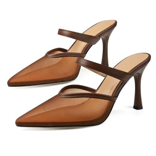 Mesh Kitten Heels for Women Slip On Pointed Closed Toe Mules Heeled Sandals Cute Pumps Dress Party3