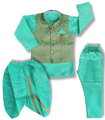 Image of Little Kids Ethnic Wear Kurta Pyjama and Waistcoat Set For Boys | Stylish Ethnic Wear | 3-piece set | Silk and Cotton Blend Fabric