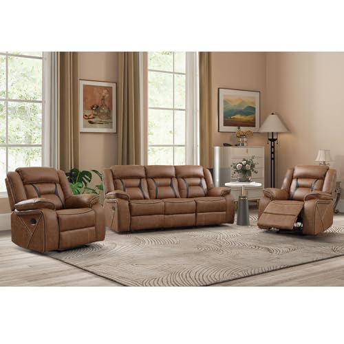 Image of EBELLO Faux Leather Recliner Sofa Furniture Set for Living Room, 2 Recliner Chairs, 3 Seat Reclining Sofa Couch Set for Meeting Room, Brown