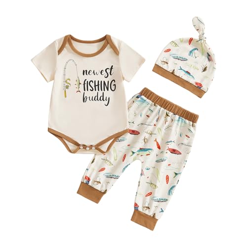 Image of Amnnchya Newborn Baby Boy Clothes Fishing Short Sleeve Romper Shirt Tops Pants Summer Spring Outfits Cute Hat Set