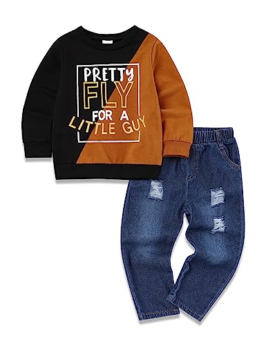 oklady Toddler Boy Clothes Colorblock Long Sleeve Letter Sweatshirts Top and Ripped Jeans Pants Boys Fall Winter Outfits 2-6T