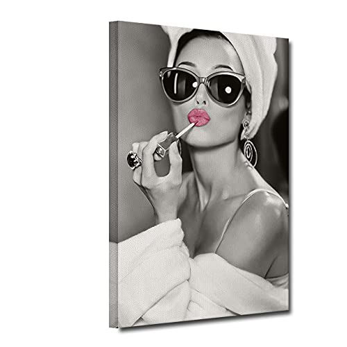 ZHONGYUTONG Audrey Hepburn Leinwandbild mit Rahmen Rosa Lippenstift Wand...