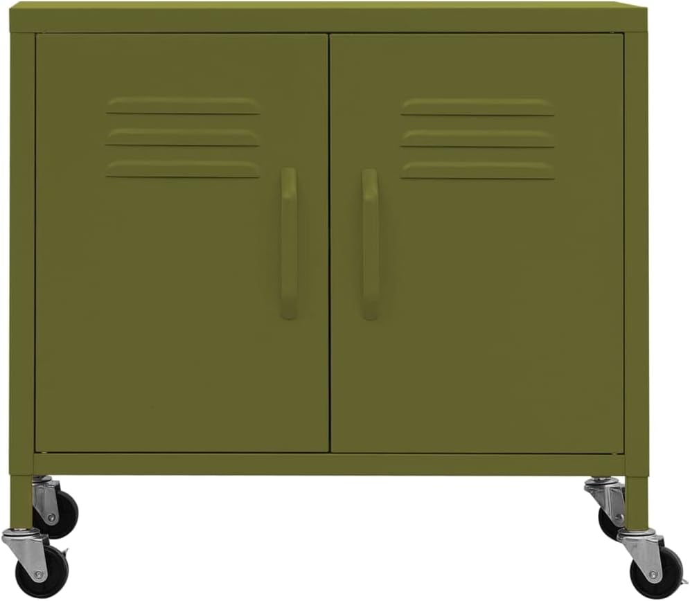 4-Piece Olive Green Steel Storage Cabinet with Adjustable Shelves and Lockable Wheels for Home Organization and Industrial Style Decor