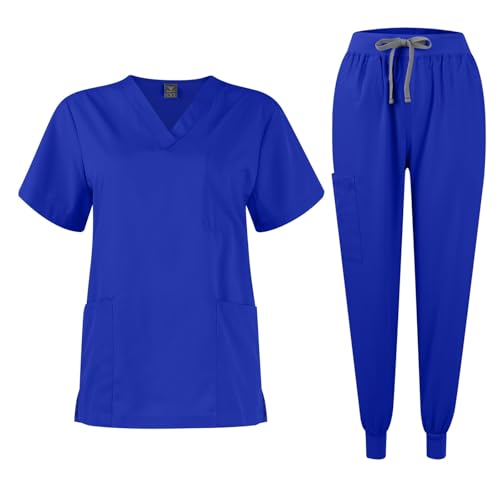 Scrubs-Sets-for-Women-Solid-Color-Fashion-V-Neck-Short-Sleeve-Scrub-Top-and-Casual-Jogger-Scrub-Pant-with-Pockets