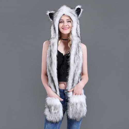 Fashion Women Hooded Scarf Hats Gloves Set 3-in-1winter Warm Animal Hat with Scarf and Gloves Hooded Fluffy Plush4