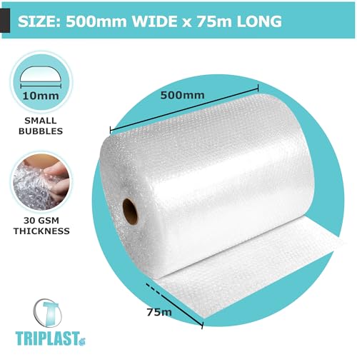 Triplast Bubble Wrap Roll (Pick Any Size: 500mm x 75m) – Strong & Durable Air Bubbles Cushioning for Fragile Items – Packaging Essential for Moving House, Shipping Parcels & Packing Storage Boxes