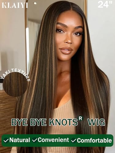 Image of KLAIYI Pre Everything Yaki Straight Glueless Ombre Highlight Balayage Brown 13x4 Lace Front Wigs Human Hair Drawstring Pre Plucked Bleached Knots 30S Ready to Wear and Go Wig Beginner Friendly 16Inch