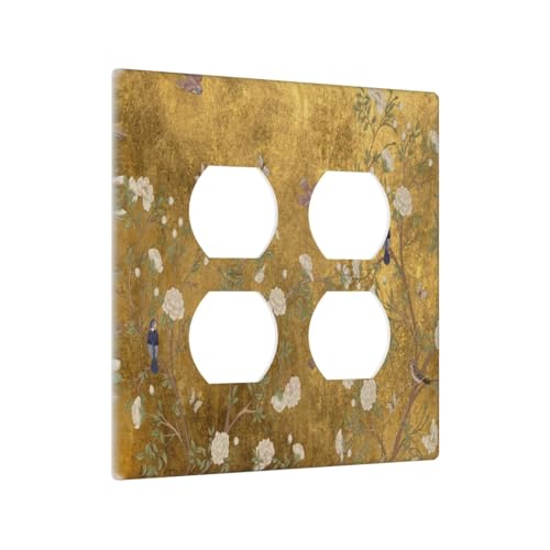 Decorative Outlet Covers Vintage White Flowers Birds on Golden Background 2 Gang Outlet Cover Wall Plate Double Duplex Light Switch Cover Plate Switch Plate Covers for Home Decor