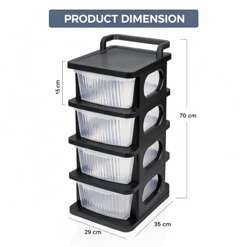 Image of 4 Tier Plastic Storage Drawer /Spacious Organizer with Handle| Modular Storage Rack for Home /Kitchen /Office | Black