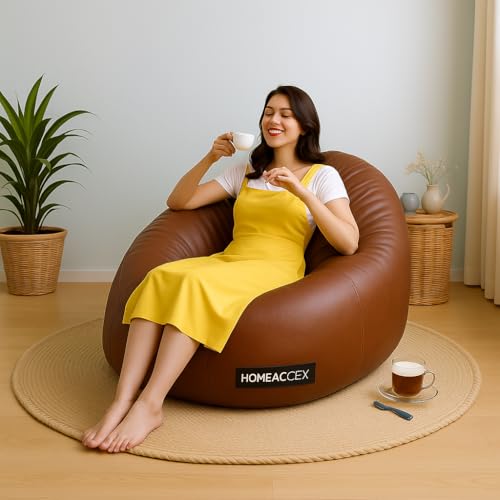 Image of Faux Leather Bean Bag with Filled Beans 3XL Bean Bag Chair | Capacity Upto 120 Kg Weight | XXXL Filled Bean Bag, Brown