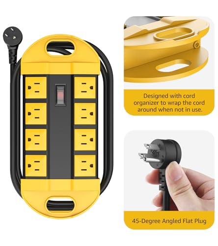 Image of CCCEI Outdoor Power Strip Weatherproof with 8 Plug, Waterproof Extension Cord with Multiple Outlets, Christmas Exterior Garden Yard Surge Protector 25FT, Yellow.