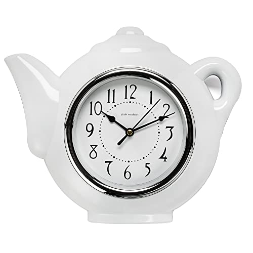 Park Madison Teapot 9 Inch Quality Quartz Battery Operated 3-D Easy To Read Home/Office/Kitchen/Classroom/School Clock Classic Movement, White (13903) #TOP5