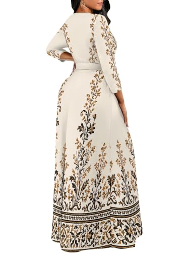 Image of Women Plus Size Long Sleeve V Neck Maxi Dress with Belt | Soft fabric relaxed fit three quarter sleeve v neck with pockets for party and daily wear