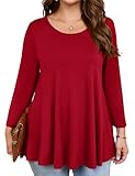 JollieLovin Womens 3/4 Sleeve Loose Fit Swing Tunic Tops Basic T Shirt (Red, 3X)