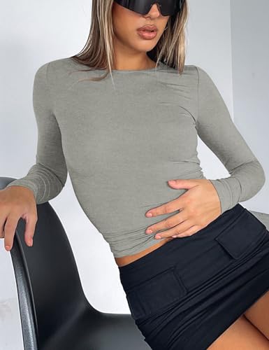 Image of AKEWEI Long Sleeve Crop Tops for Women 2 Pack Fall Going Out Outfits Cute Tight Basic Tees Shirt