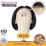Sensationnel Curls Kinksandco Kinkyedges Wig - Kinky Bob 9 Inch 13X6 Lace Frontal Natural Kinkytexture Edged Hairline for Natural 3C to 4C Hair Textures (1B OFFBLACK)