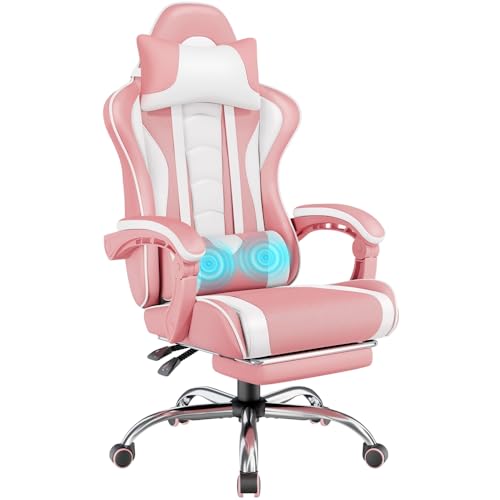 Yaheetech Gaming Chair, Video Game Chair with Massage Lumbar Support and Footrest Height Adjustable Ergonomic Computer Chair with Swivel Seat and Headrest, Pink/White