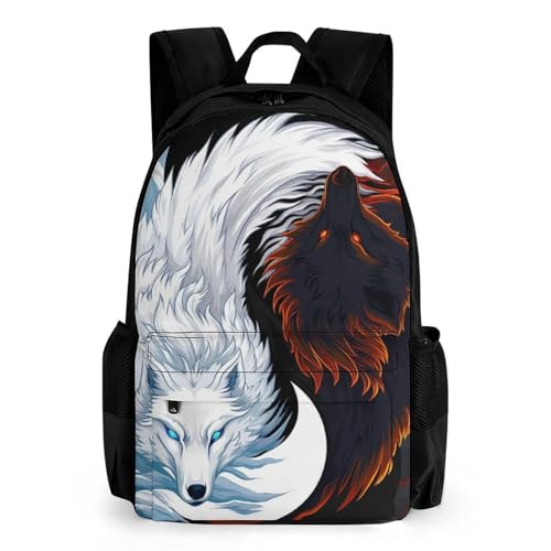 Ice And Fire Yin Yang Wolf Art Daypack Polyester Anti-Theft Multipurpose Bookbag Big Capacity Gym Outdoor Hiking Backpack With Adjustable Shoulder Straps