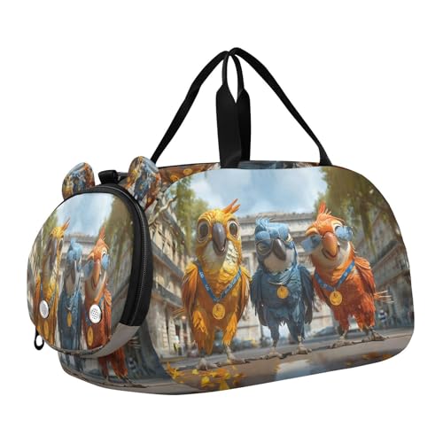 Travel Duffle Bag for Kids Boys Girls Funny Parrot Bird Sports Bag Overnighter Duffle Sleepover Weekender with Shoes Compartment