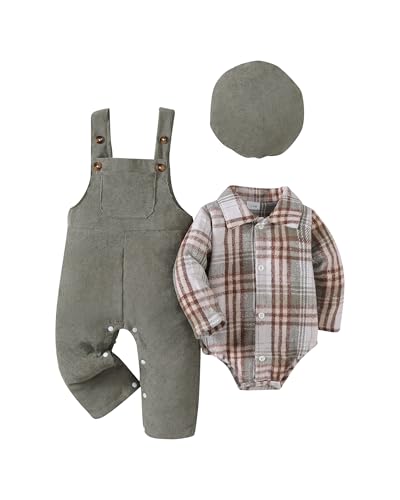 Image of Renotemy Baby Boy Clothes Flannel Plaid Bodysuit+Corduroy Overalls+Beret Hat 3Pcs Fall Winter Outfits for 3-24 Months Boys