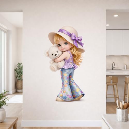 Image of Rangoli Cute Girl Teddy Wall Sticker 13 x 24 Inch Cartoon Kids Design Self Adhesive Wall Decor for Nursery Baby Room Kids Bedroom Playroom Wall Art