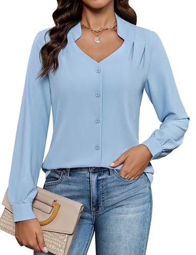 Blooming Jelly Womens V Neck Long Sleeve Shirts Button Down Pleated Tops Dressy Casual Blouses Trendy Clothing 2025