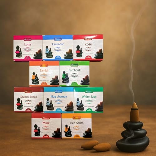 Image of Aromatika Natural Backflow Incense Cones, 12 Packs 10 Fragrances 120 Pcs, (Dragons Blood, Lavender, Musk, Nag Champa, Palo Santo, Rose, Patchouli, Sandal, White Sage, Lotus)