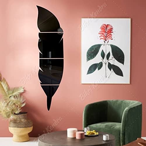 Image of Bikri Kendra - Plume Solid Feather Black Mirror Stickers for Wall, Wall Mirror Stickers, 3D Acrylic Stickers, Wall Stickers for Hall Room, Living Room Bed Room, Kitchen (BlackSolid)