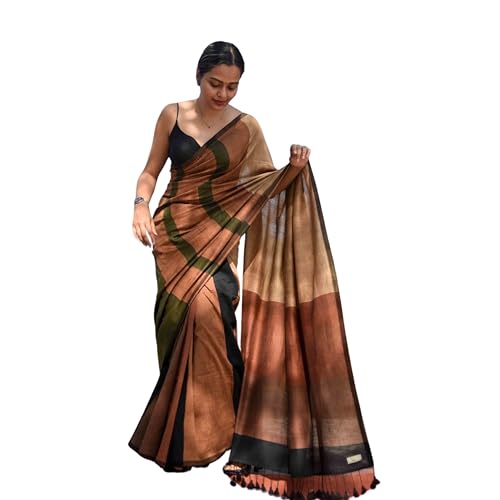 Traditional Indian Handloom Pure Cotton Saree With Multicolour Design Including Blouse Casual Wear (Brown & Black)