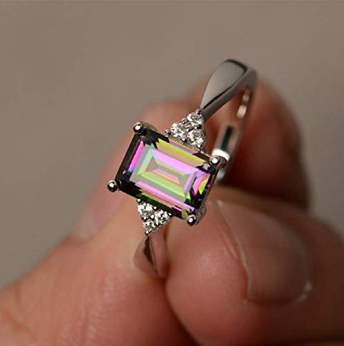 Lzz Fashion Lady 925 Sterling Silver Mysterious Rainbow fire Topaz Ring Square Cut Cubic Zirconia Single Stone Ring Wedding Jewelry Size 6-10 (US Code 7)2
