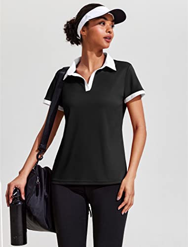 Coorun Womens Golf Shirt Short Sleeve Polo T Shirts Lightweight Athletic Shirt V Neck Collared Shirts For Tennis Golf,Black Medium #TOP3