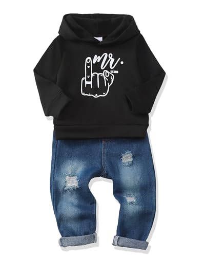 Image of Renotemy Toddler Baby Boy Clothes Denim Outfits Infant Hooded Sweatshirt Jeans Pants Little Boys Clothing