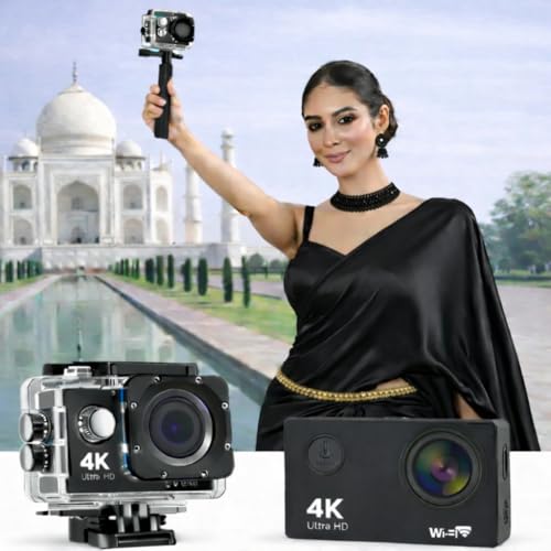 Image of INDIELECTRONICA 4K Action Camera 16mp (with 18 Accessories) - WiFi, Memory Card Support, 170 Wide Angle, Vlog-Ready, Perfect for Travel, Vlogging & YouTube (Matt Black)