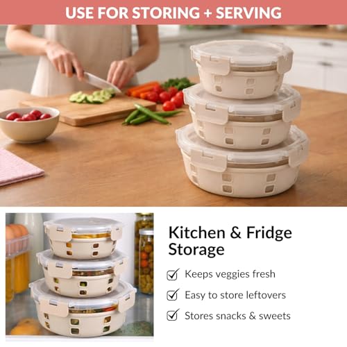 Image of Nestasia Gripso Glass Containers Set of 3 (400ml, 600ml, 950ml) with Silicone Sleeve & Locking Lid, Microwave, Dishwasher & Freezer Safe Round Food Storage Containers (Beige)