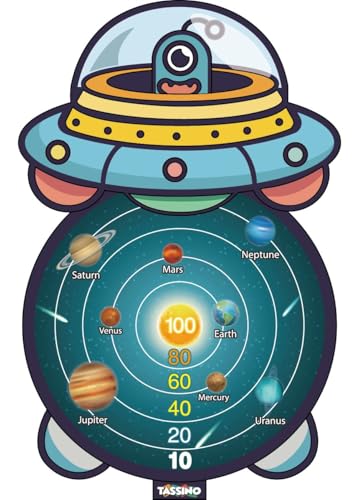 Image of Amazon Brand - Jam & Honey Dart Game for Kids Indoor & Outdoor Sports Game Target Toy Sets - Fabric Dart Board with 5 Sticky Velcro Balls and 3 Darts and 1 Hanger - Children's Toys Gifts (Spaceship)