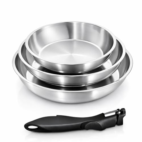 Set de 3 Poêles en Inox Haute Qualité - Induction & Four, Poignée Amovible, Cuisson Saine - 20/24 / 28 cm