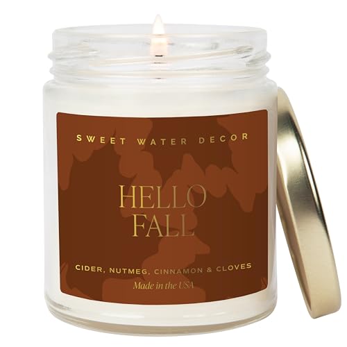Sweet Water Decor Hello Fall Candle - Cinnamon Apples Cloves & Nutmeg Fall Scented Candle for Home Decor - 100% Cotton Wick Halloween Candle with 40 Hour Burn Time - Made in The USA - 9oz Clear Jar