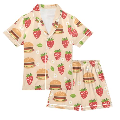 ALAZA Strawberry Hamburger Flower Floral Pajamas Satin Pajama Set Short Sleeve Button Down Sleepwear