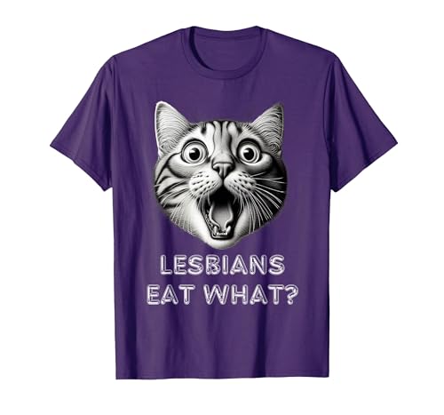 Shocked Cat Lesbians Eat What? Funny LGBTQ Design Gay Rude T-Shirt, Men, Purple, 3X-Large